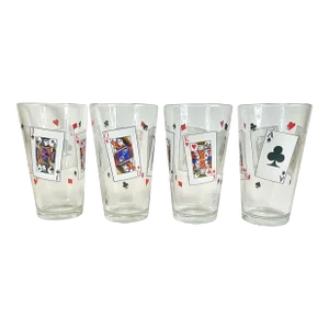 1980s Vintage Boho Chic Highball Deck of Cards Motif Tumblers - Set of 4