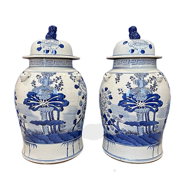 This attractive pair of large blue & white Chinese porcelain temple / ginger jars. These two large Baluster vases have a...