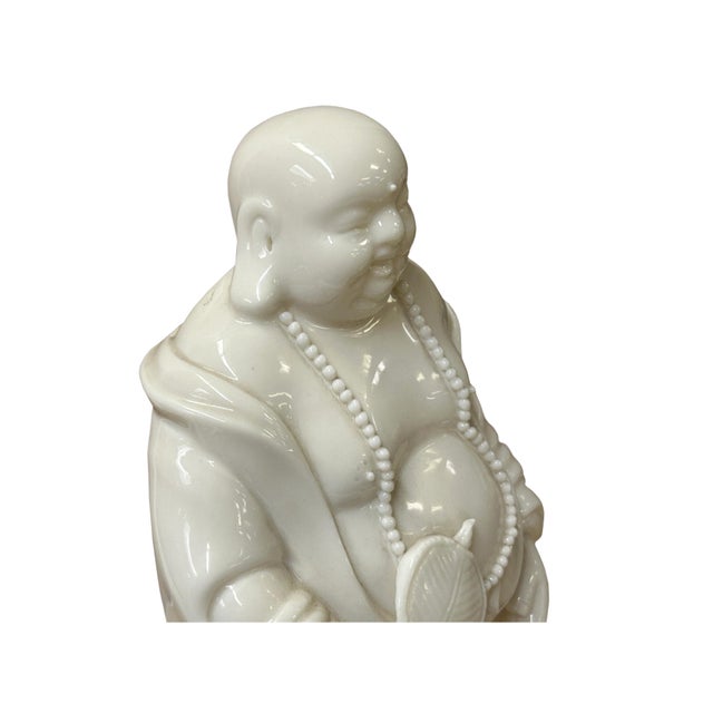 Ceramic White Happy Laughing Buddha Holding Fan Deity Porcelain Figure For Sale - Image 7 of 10