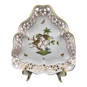 Mid 19th Century Herend Rothschild Bird Triangular Reticulated Porcelain Tray, Hungary