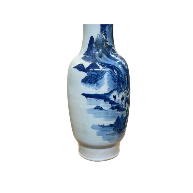 Ceramic 23" Vintage Blue White Scenery Porcelain Elephant Head Ear Art Vase For Sale - Image 7 of 12