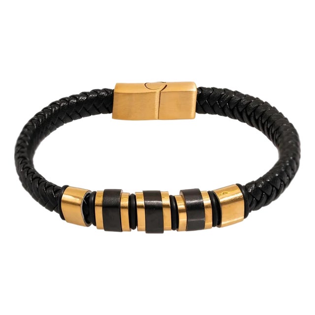 Men's Style Fashion Black Leather & Gold Bracelet For Sale