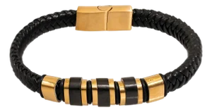 Men's Style Fashion Black Leather & Gold Bracelet