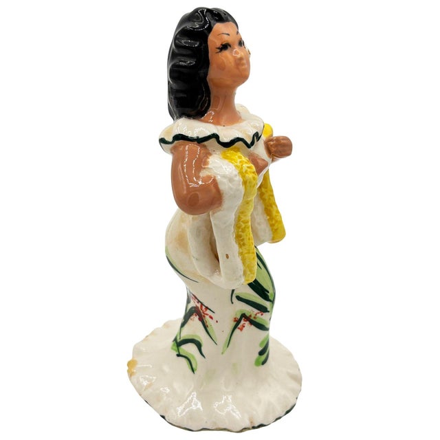 1950s Mid 20th Century Hawaiian Hula Girl Lei Ceramic Figurine W/ Bongo For Sale - Image 5 of 6