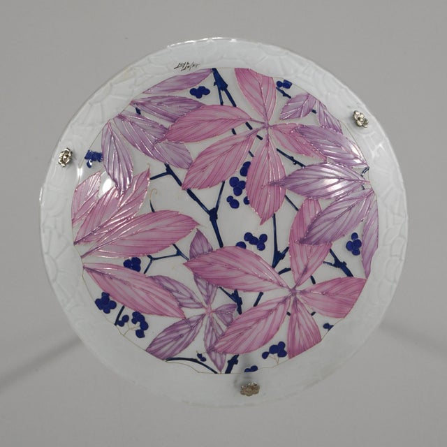 Loys Lucha French Art Deco Pendant Light 1930s - Enameled Pink Foliage Bowl For Sale - Image 6 of 11