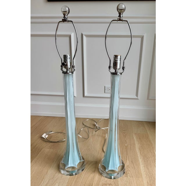 This pair of substantial table lamps features an expert application of the sommerso technique, where a fluted, aquamarine...