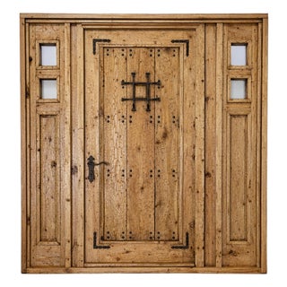 Handcrafted Solid Wood Rustic Door – Custom Spanish Colonial Double Sidelight Design Made to Order For Sale