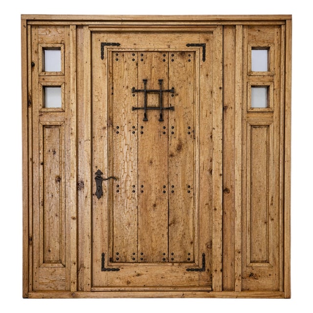 Handcrafted Solid Wood Rustic Door – Custom Spanish Colonial Double Sidelight Design Made to Order For Sale