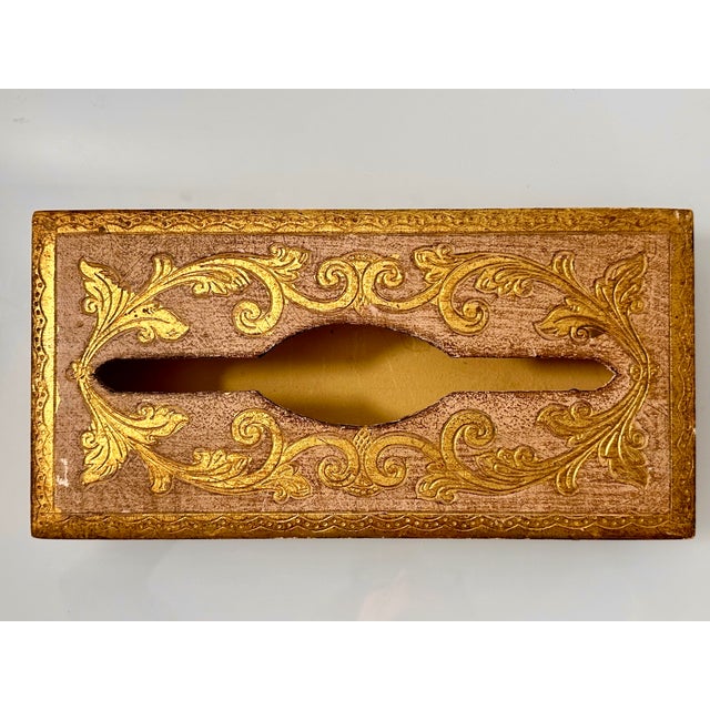 An elegant vintage Florentine wood tissue box richly decorated in traditional Italian style with scrolling foliate motifs...