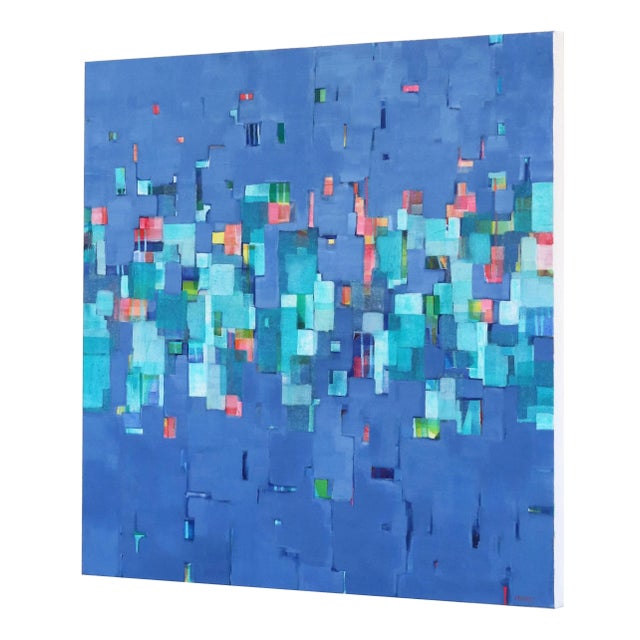 Textile Abstract Geometric Blue Seascape Painting on Canvas "Dreaming in Indigo" Original Artwork by Beth Munro For Sale - Image 7 of 9