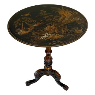 Ebonized Gilt Chinoiserie Round Side Accent Pedestal Table For Sale