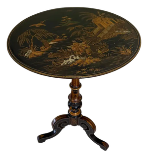 Ebonized Gilt Chinoiserie Round Side Accent Pedestal Table