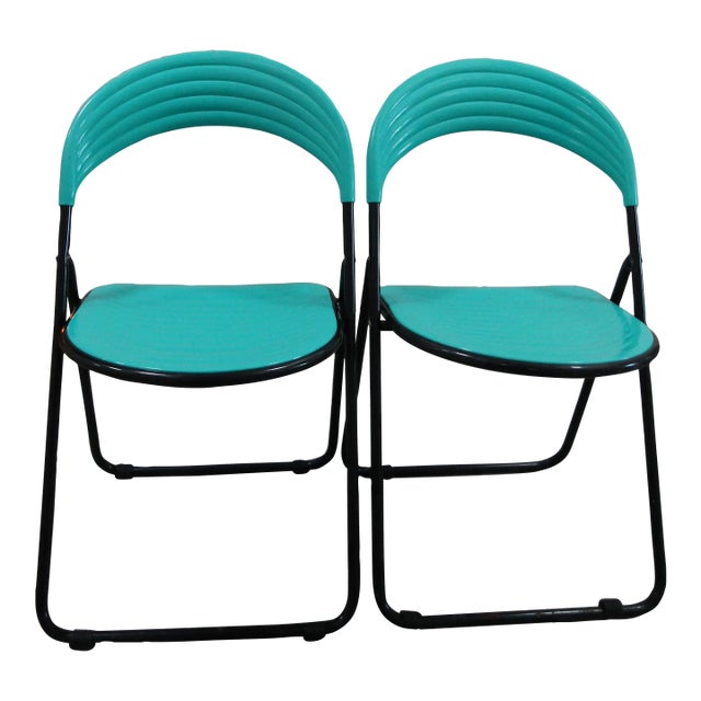 Matching Pair of Postmodern Italian Designer Studio Gp Green Folding Chairs, 1980s For Sale