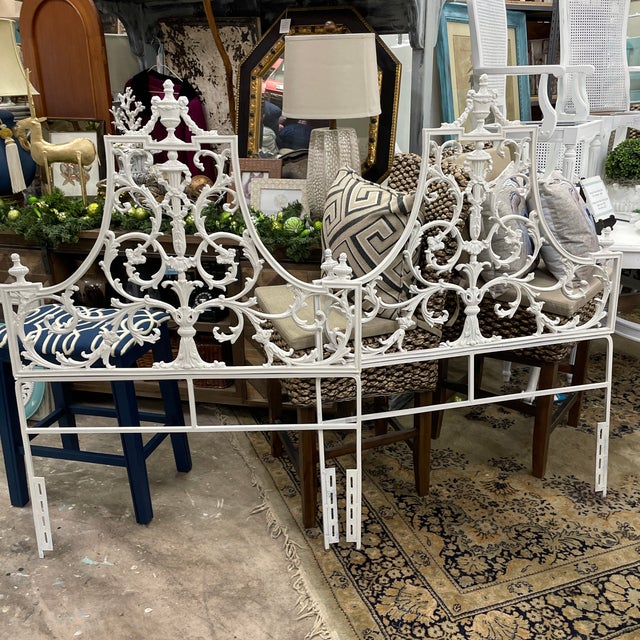 Beige Pair of Vintage French Ornate Metal Twin Headboards For Sale - Image 8 of 10