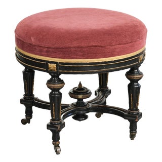 Antique English Stool with Red Fabric Seat and Black Wooden Base with Gold-Colored Details For Sale