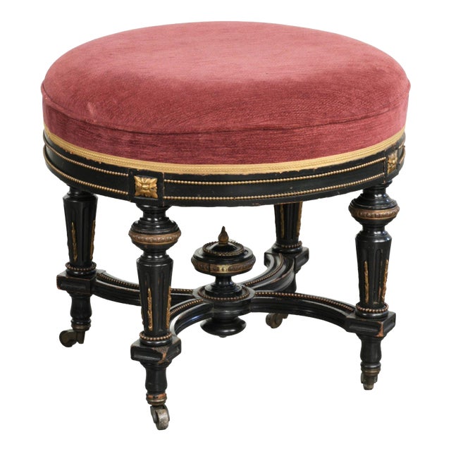 Antique English Stool with Red Fabric Seat and Black Wooden Base with Gold-Colored Details For Sale