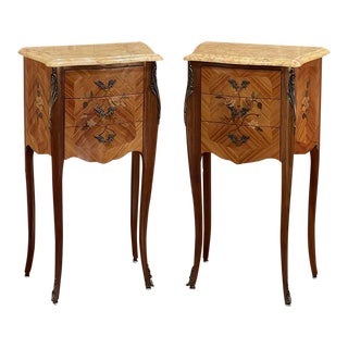 Antique French Louis XV Marquetry Marble Top Nightstands - a Pair For Sale