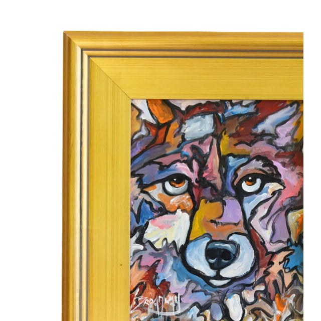 Expressionist Wolf Portrait Painting Including the Antiqued Gold Wood Frame For Sale In Los Angeles - Image 6 of 11