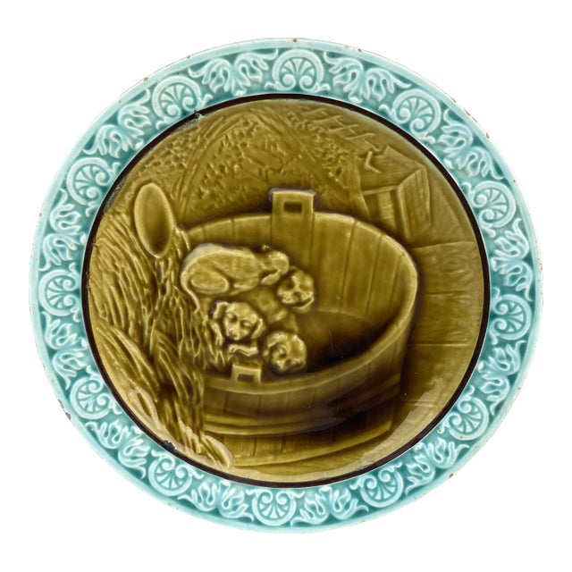 Majolica Plate Puppies Villeroy & Boch, Circa 1890 For Sale