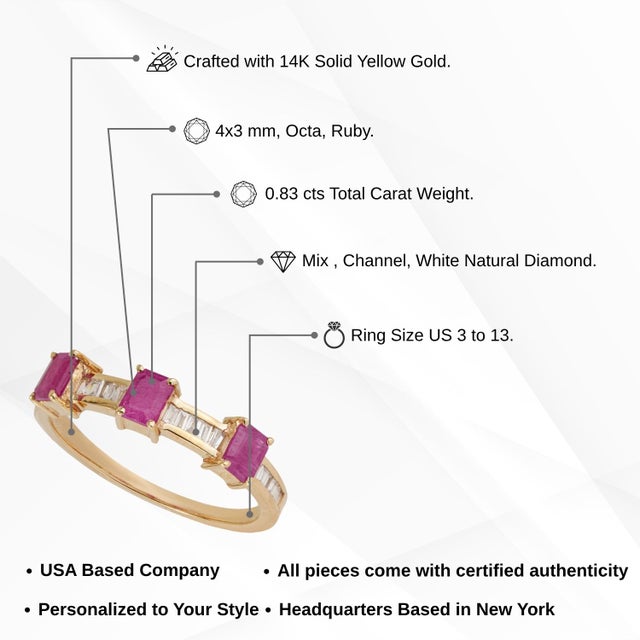 14k Gold Emerald-Cut Ruby & Baguette Diamond Modern Band Ring Size 8 For Sale - Image 13 of 18