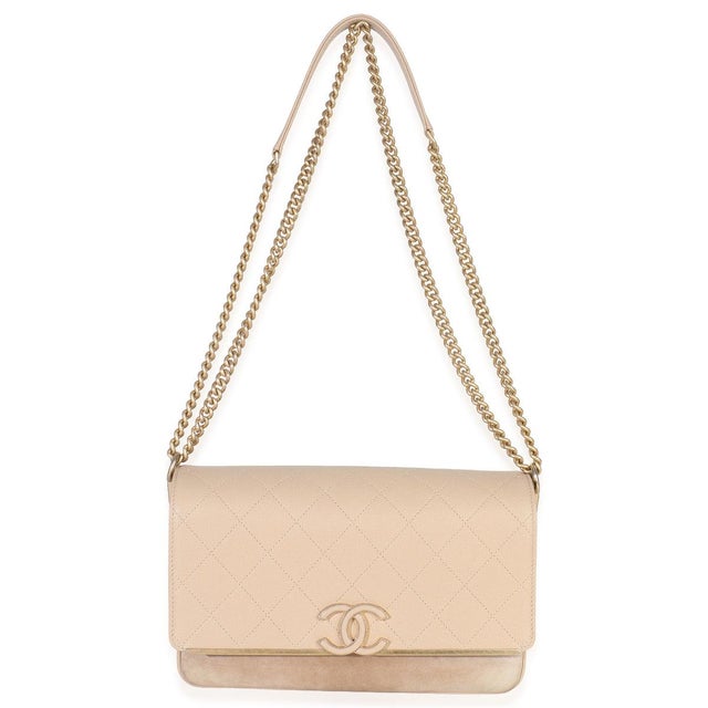 Beige Beige Quilted Caviar Suede Lady Coco Chain Flap Bag For Sale - Image 8 of 9