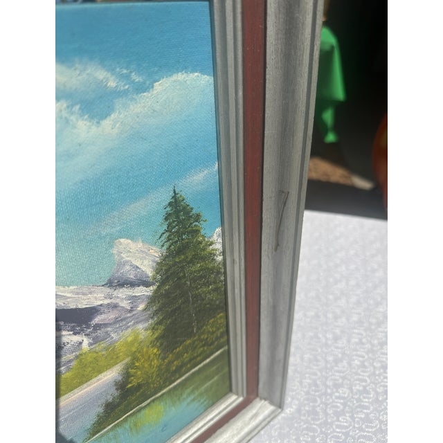 Blue 1990s Framed Waterside Mountain Landscape Painting on Canvas, Signed by the Artist For Sale - Image 8 of 8