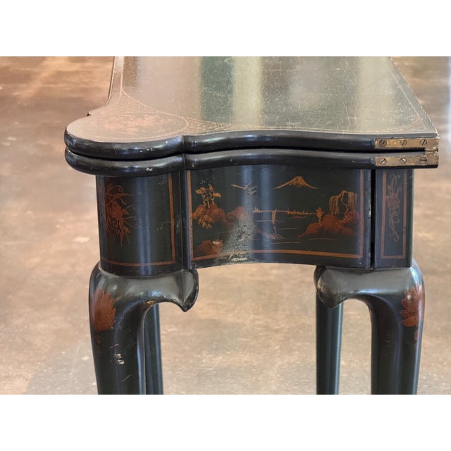 Chinoiserie 19th Century English Green Lacquer Chinoiserie Flip-Top Game Table For Sale - Image 3 of 18
