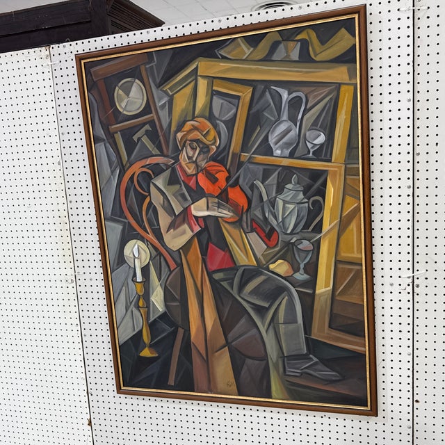 Large Vintage Cubist Expressionist Oil Painting Signed For Sale - Image 9 of 10
