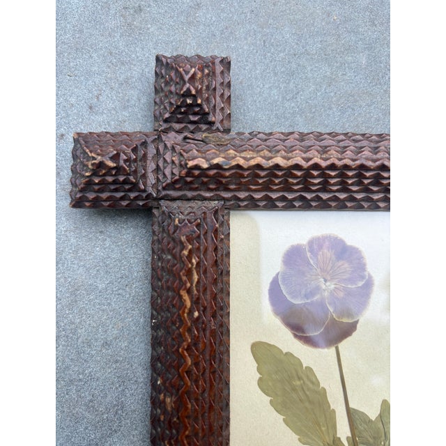 Tramp Art Frame With Pressed Flowers, Dated 1933 For Sale - Image 4 of 6