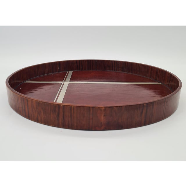 Art Deco Round Dark Veneer Tray with Metal Decoration, 1930s For Sale - Image 6 of 9