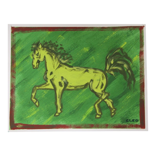 Expressionist Horse Green Landscape Minimalism Brick Red Border Original Painting by Cleo Plowden For Sale