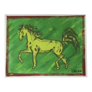 Expressionist Horse Green Landscape Minimalism Brick Red Border Original Painting Cleo Plowden For Sale