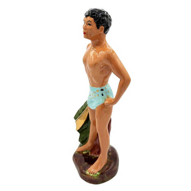 Mid-Century Modern Mid 20th Century Hawaiian Man in Blue Trucks W/ Gold Machete Ceramic Sculpture 14" For Sale - Image 3 of 5