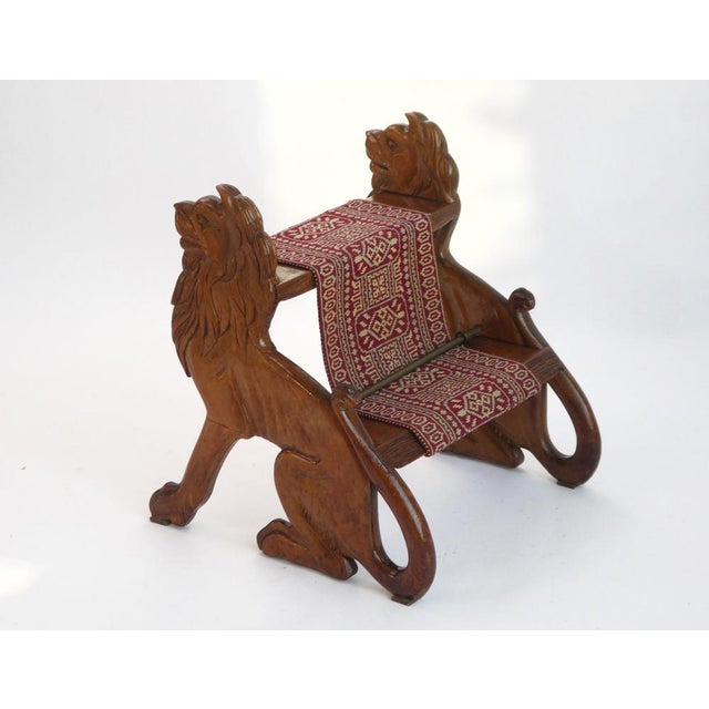 19th Century Wood Carved Gothic Library Stairs with Lion Figure and Rug For Sale - Image 12 of 13