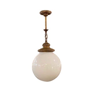 Early 20th Century Antique Brass Pendant Light With Round Opal Globe For Sale