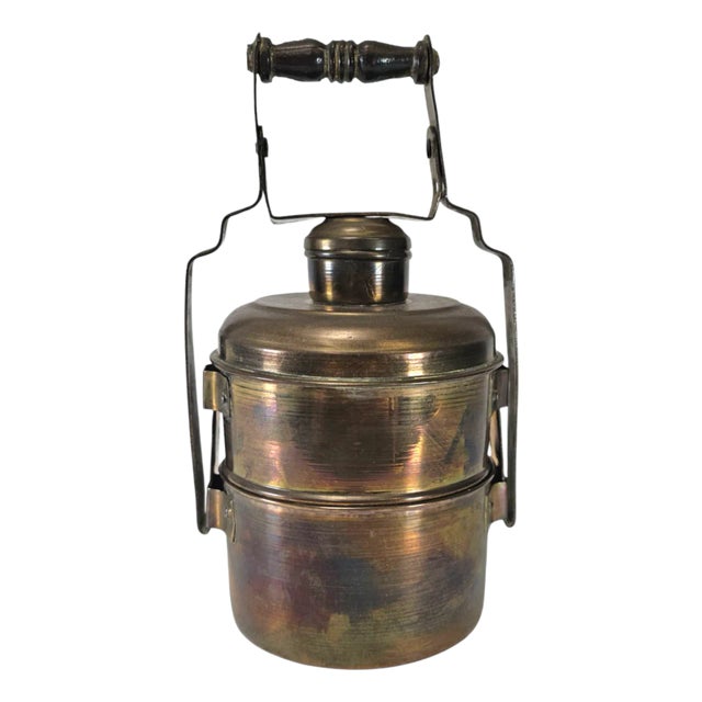 Vintage Brass Tiffin Lunchbox Carrier – Handcrafted Two-Tier Stacking 11.5" For Sale