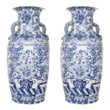Pair of Large Palace Style Vintage Blue and White Chinese Urns For Sale
