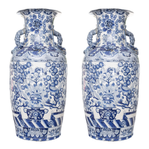 Pair of Large Palace Style Vintage Blue and White Chinese Urns
