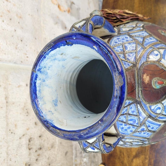 19th Century Filigree Vase in Ceramic, Leather, Enamel and Metal by Safi, Morocco For Sale - Image 3 of 18