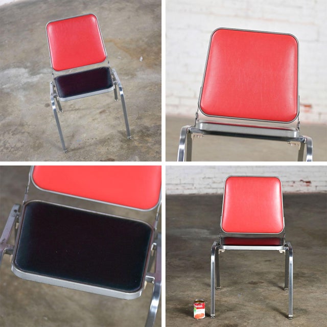 Mid-20th Century MCM Stackables Folding Chair Side Table by Krueger W/Steel Frame Red & Black Vinyl For Sale - Image 12 of 12