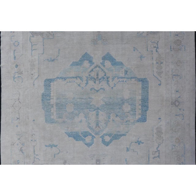 Modern Turkish Oushak Large Medallion Rug in Light Blue and Cream For Sale - Image 10 of 12