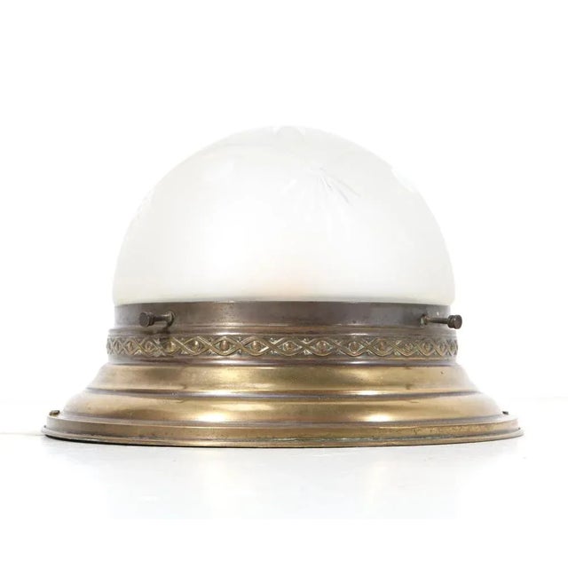 Art Nouveau Patinated Brass Cut Blown Glass Flush Mount Ceiling Light, 1900s For Sale - Image 3 of 8