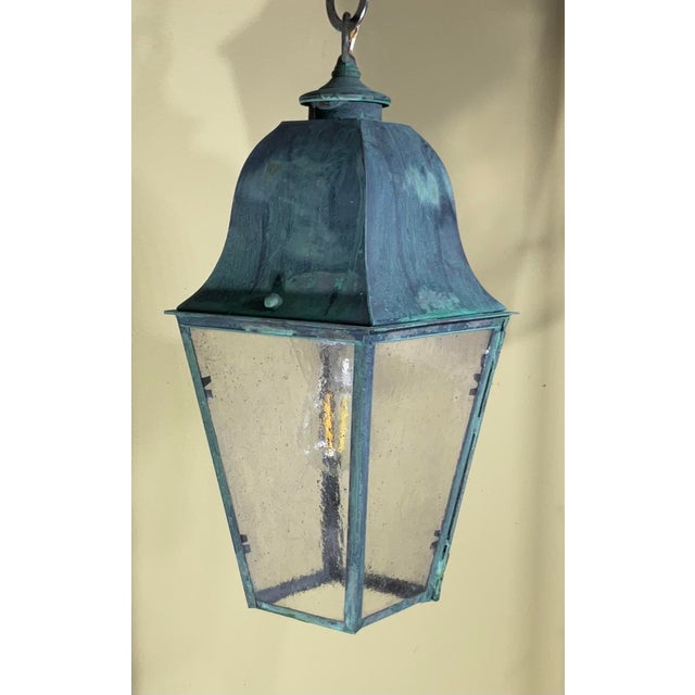 Single Small Vintage Solid Brass Hanging Lantern- 17”h X 7”.5 X 7”.5 For Sale - Image 4 of 11