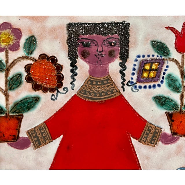 Expressionism Irene Awret, Girl & Plants Enamel Glazed Ceramic Plaque Israeli Artist Awret Naive Folk Art For Sale - Image 3 of 8
