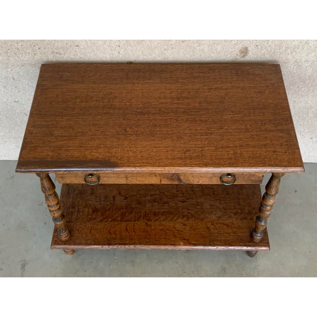 Brown Spanish Country Pine Side Table With Drawer and Low Shelve For Sale - Image 8 of 13