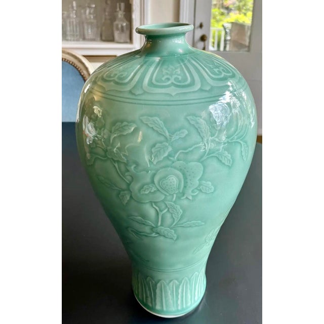 Ceramic Chinoiserie Large Lotus Design Celadon Vase For Sale - Image 7 of 9