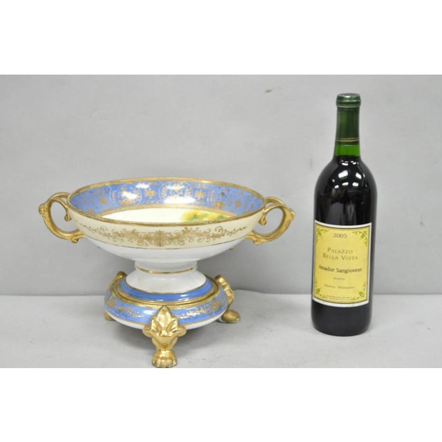 Antique Nippon Hand Painted Gold Gilt Porcelain Blue 2 Pc Centerpiece Compote Bowl w/ Cottage & Geese Scene Raised on Paw...