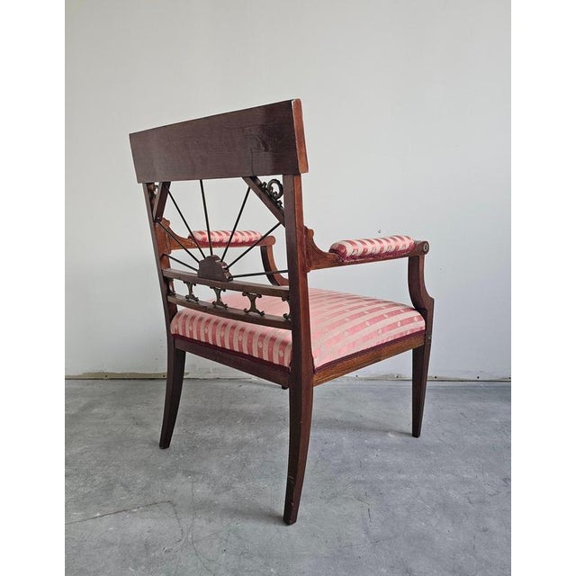 Antique French Empire Mahogany Armchair in Pink Striped Fabric, 1890s For Sale - Image 9 of 15