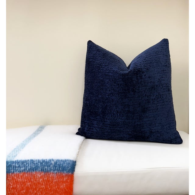 Navy Chenille 20x20 Throw Pillow With Feather Down Insert For Sale - Image 4 of 5