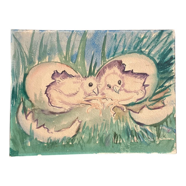 1950’s Original Watercolor Illustration Painting Baby Chicks in Eggs For Sale